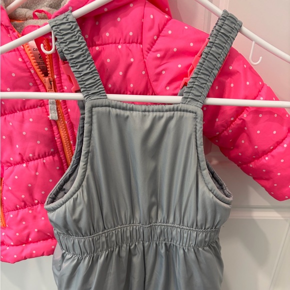 USED 24mo girls puffy snowsuit, Carter’s, pink/gray winter jacket & overalls - Picture 10 of 16